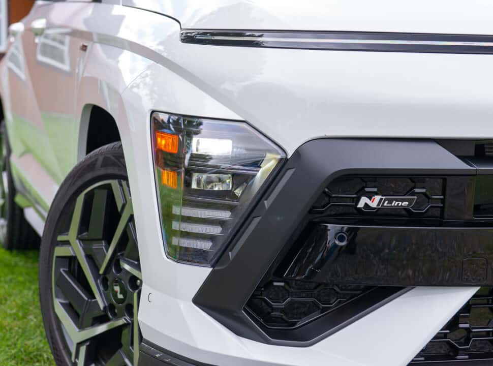 2024 Hyundai Kona N-Line white model N Line logo and lights