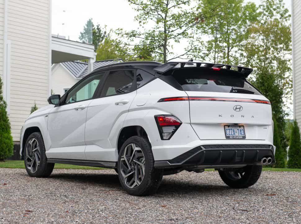 2024 Hyundai Kona N-Line white model rear view parked outside