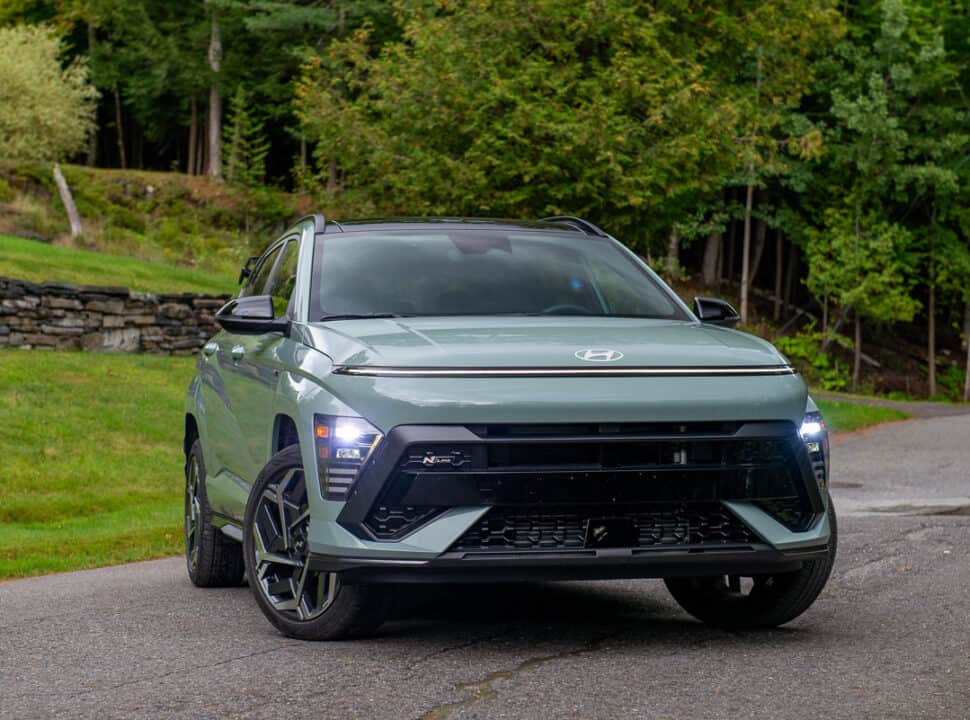 2024 Hyundai Kona N-Line front view with lights on