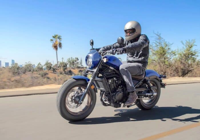 2025 honda rebel 500 front riding on road