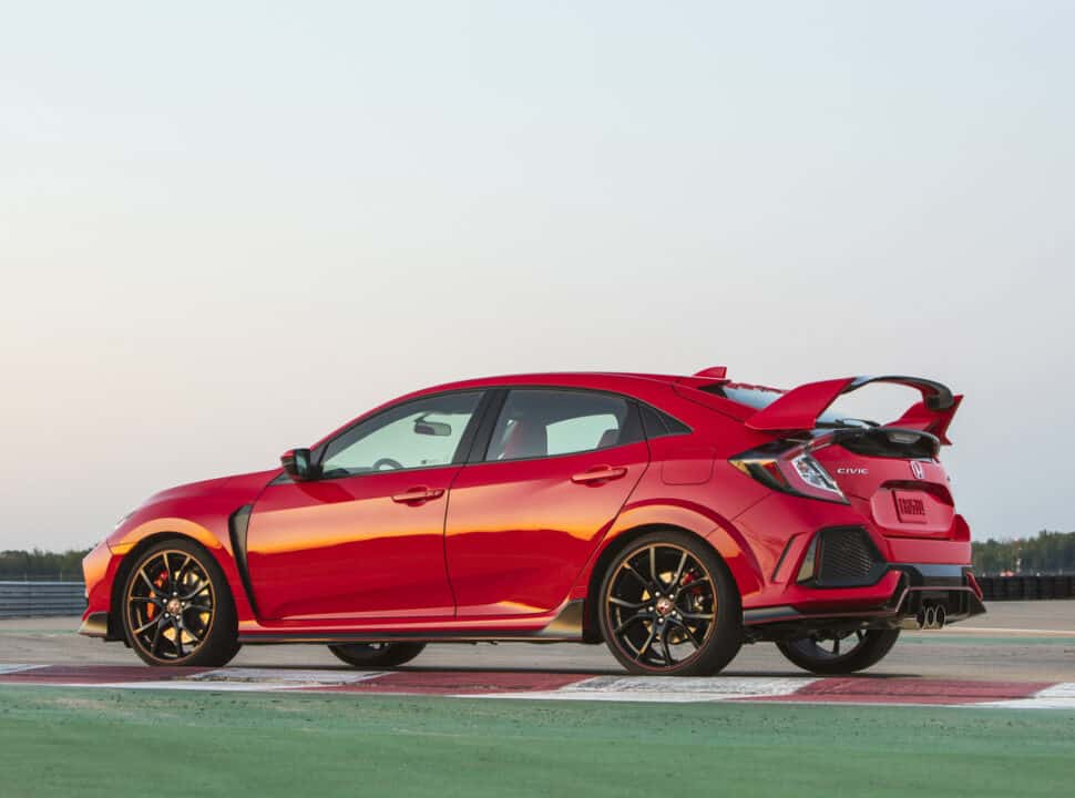 2017 Honda Civic Type R red colour rear shot parked on racetrack