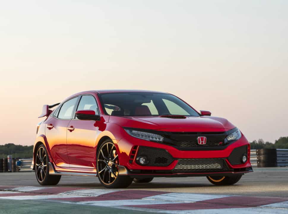 2017 Honda Civic Type R in red parked on racetrack front view