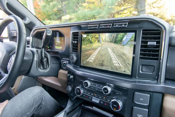 2023 Ford F250 Super Duty Tremor off-roading with front screen showing front view camera