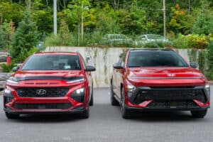 2023 Hyundai Kona vs 2024 Hyundai Kona N Lin front view side by side