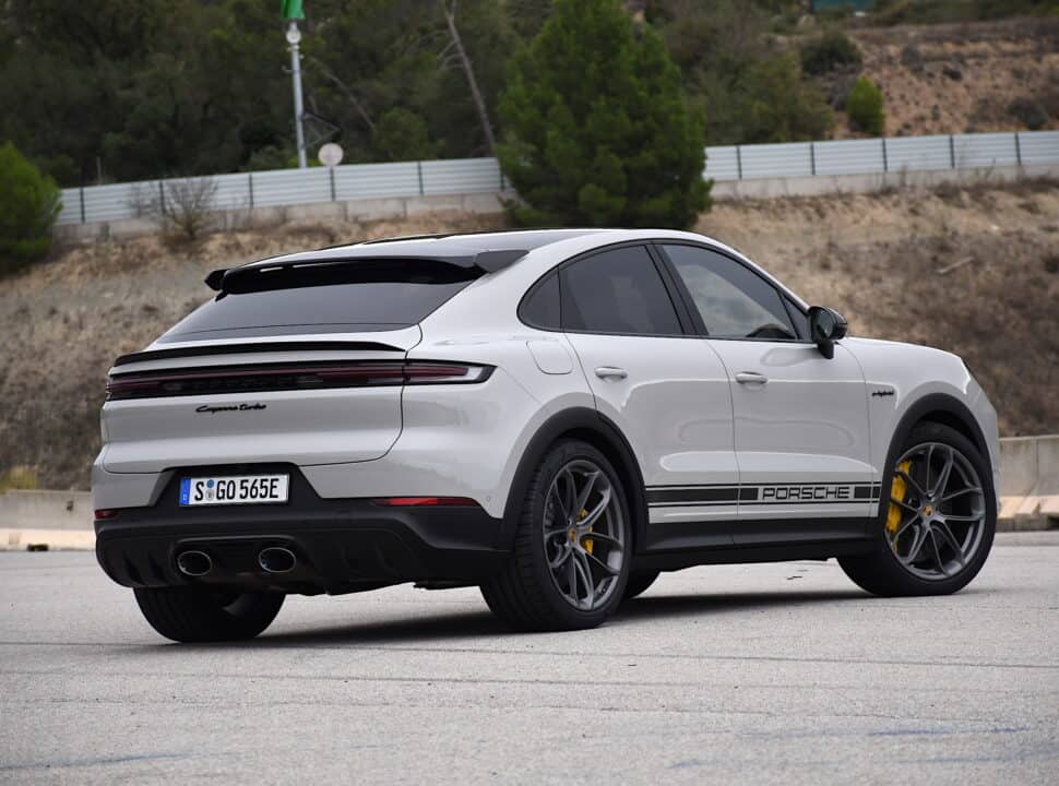 2024 Porsche Cayenne Turbo E Hybrid in white rear view parked on the street