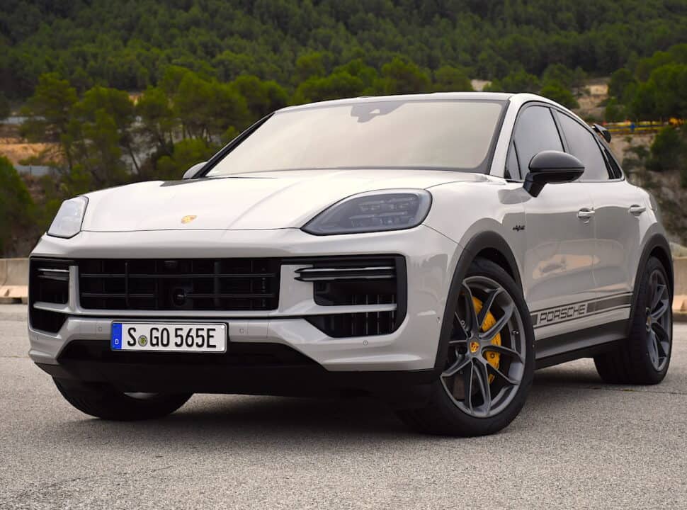 2024 Porsche Cayenne Turbo E Hybrid front profile shot in white