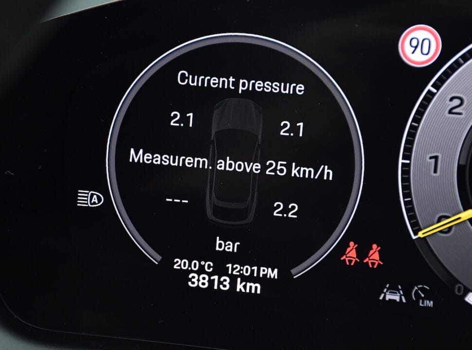 2024 Porsche Cayenne Turbo E Hybrid interior digital gauge cluster showing wheel pressure