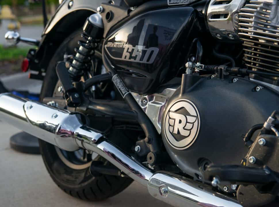 2023 Royal Enfield Super Meteor 650 engine and exhaust close up