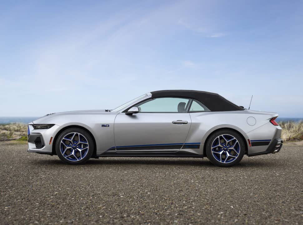 2024 Ford Mustang GT California Special side view parked on the road by the ocean