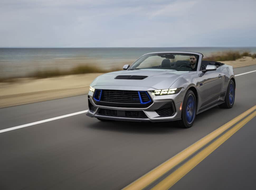 2024 Ford Mustang GT California Special driving fast on the road by the ocean