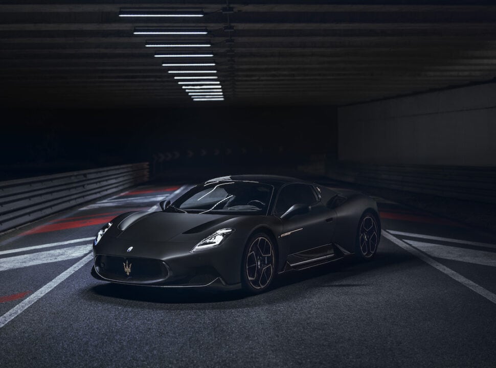 Maserati MC20 Notte Edition parked on racetrack at night