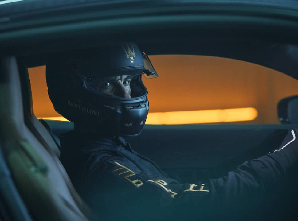 Maserati MC20 Notte Edition with Andrea Bertolini in the driver seat with helmet on