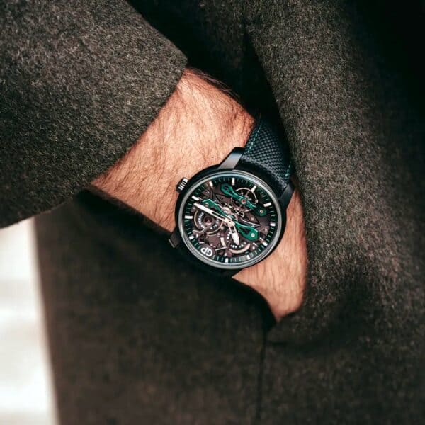 Aston Martin X Girard-Perregaux Neo Bridges Watch close up on model