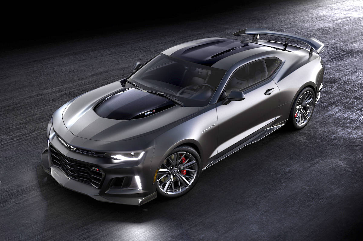 Overhead front 3/4 view of 2024 Chevrolet Camaro ZL1 Collector’s Edition in Panther Black Matte.