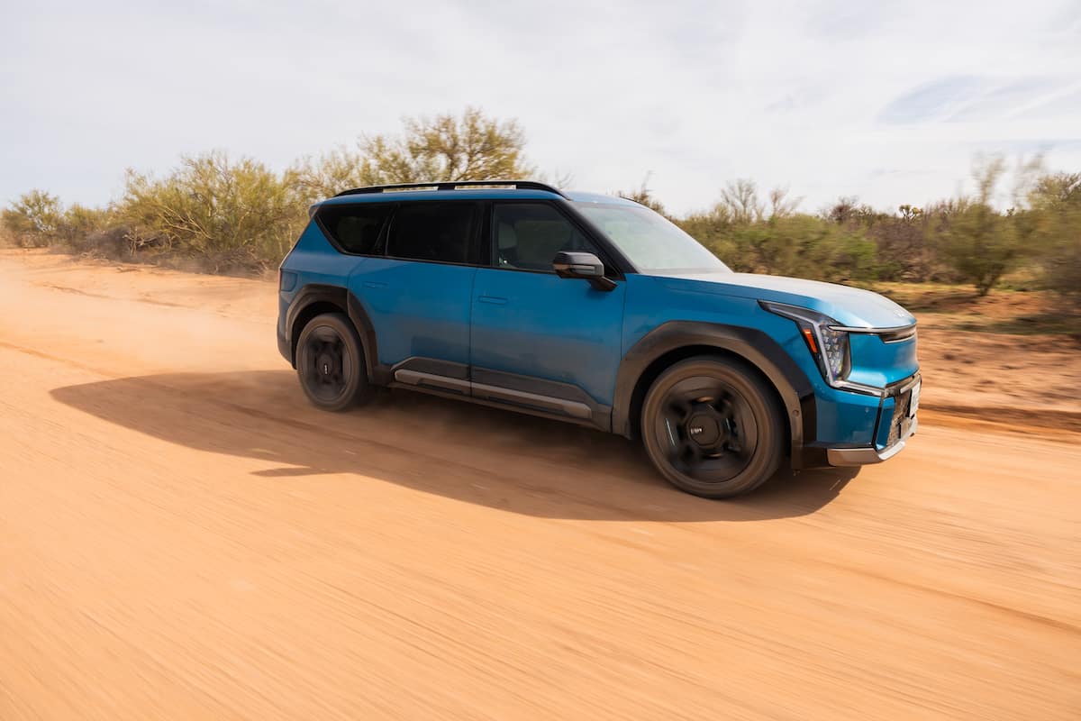 2024 Kia EV9 GT-Line driving fast on the dirt