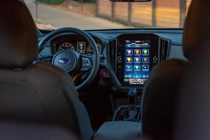 2024 Subaru Crosstrek Wilderness interior front cabin with large touchscreen and steering wheel