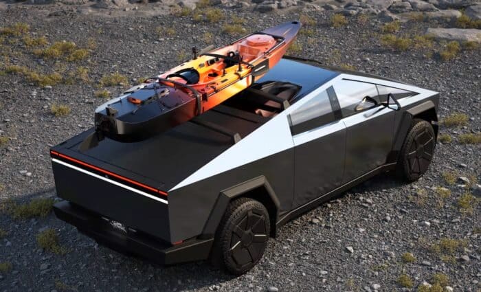 tesla cybertruck payload and storage with kayak on roof and bed locked up