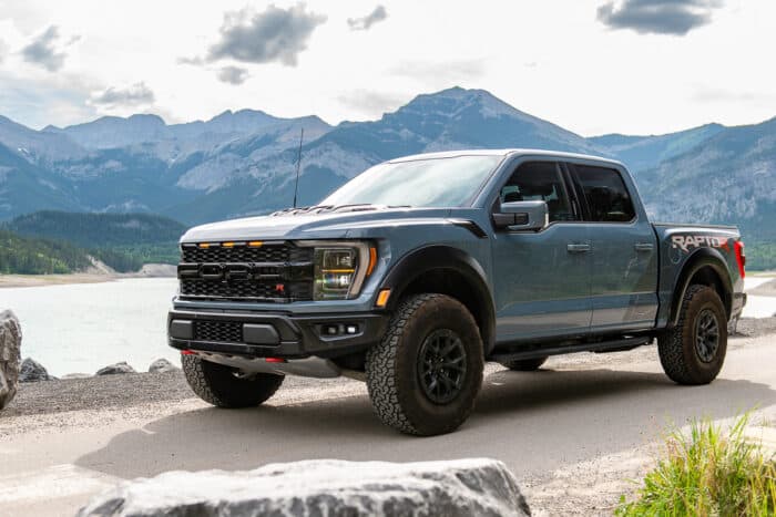 2023 Ford F-150 Raptor R front view parked on roadside in mountains