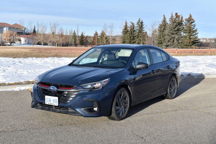 dark blue 2023 Subaru Legacy Sport / GT front view parked in winter