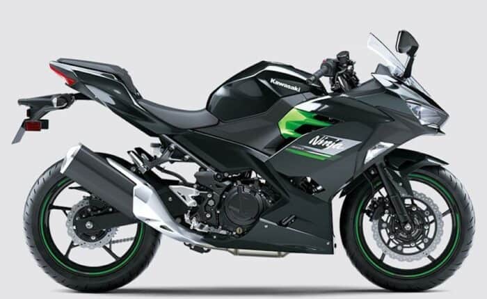 black and green 2023 Kawasaki Ninja 400 side view studio shot