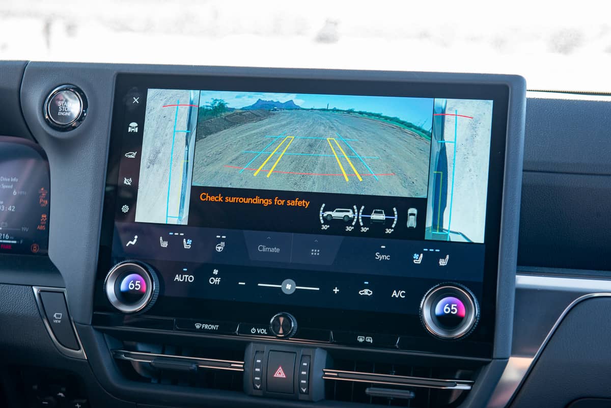 2024 Lexus GX 550 Overtrail front view on 14 inch screen showing tire guides