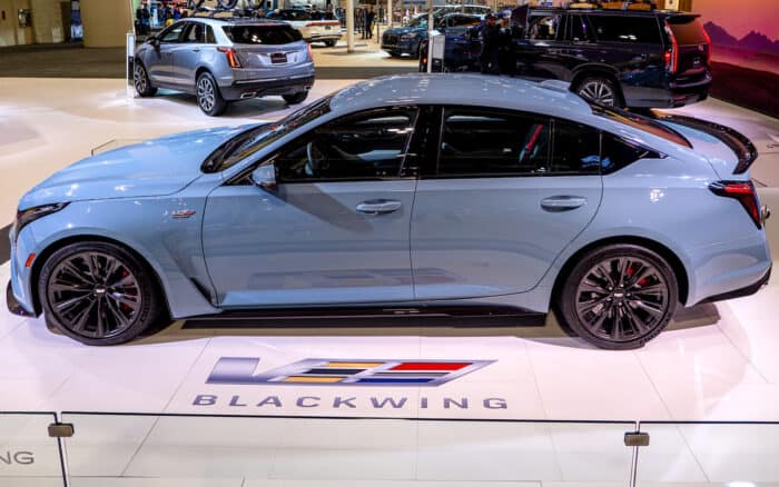 2025 Cadillac CT5-V Blackwing side view at global debut stage