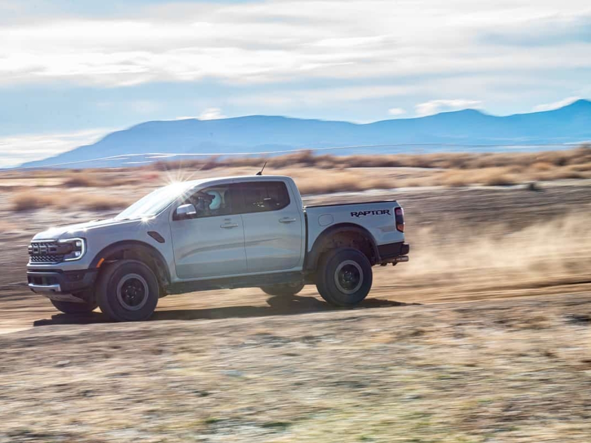 Front view driving shot of the 2024 Ford Ranger Raptor at the Ranger Raptor Assault School in Tooele Valley, Utah