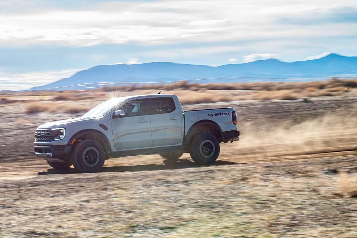 Front view driving shot of the 2024 Ford Ranger Raptor at the Ranger Raptor Assault School in Tooele Valley, Utah