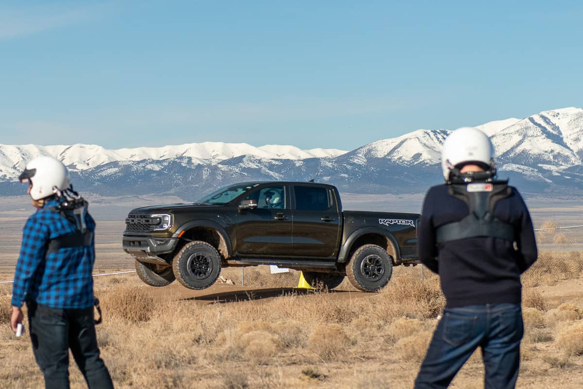 The 2024 Ford Ranger Raptor jumping at the Ranger Raptor Assault School in Tooele Valley, Utah