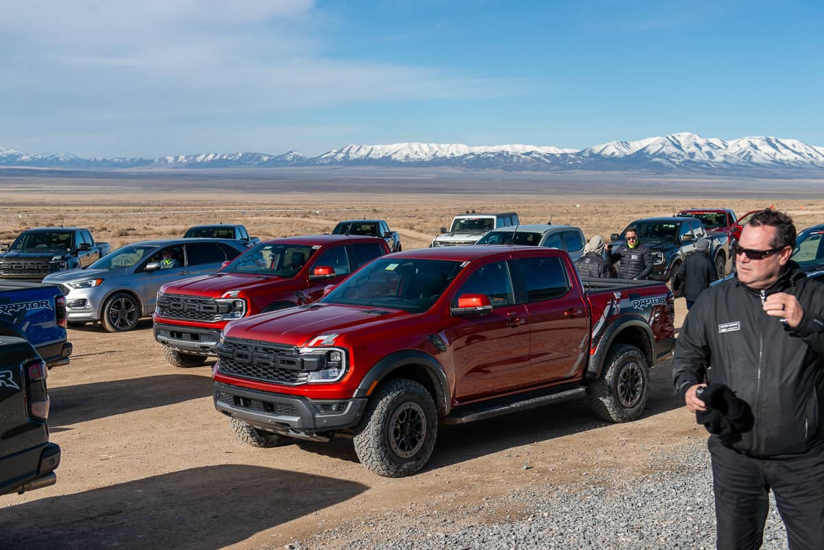 Group of 2024 Ford Ranger Raptor trucks at the Ranger Raptor Assault School in Tooele Valley, Utah