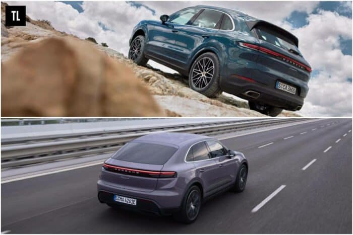 Cayenne vs Macan rear view driving on road