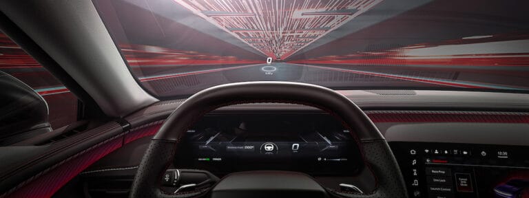 An optional augmented head-up display (HUD) for the all-new Dodge Charger projects a large field of view with an improved virtual image distance.