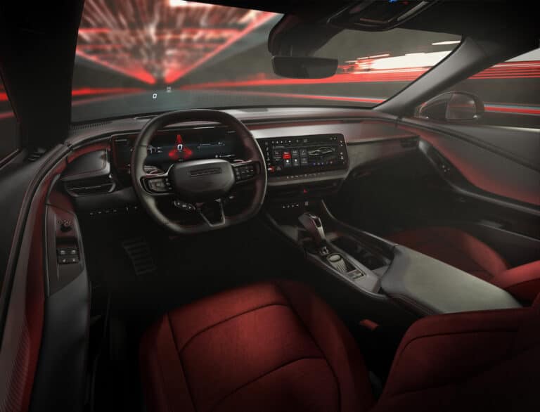 The exterior’s pure design aesthetic carries over to the dynamic, driver-focused interior design of the all-new Dodge Charger, enhancing the modern, visceral feel of the new cockpit. Interior shown includes Plus Group, Carbon & Suede Package and Track Package with Demonic Red seats for the Dodge Charger Daytona Scat Pack.