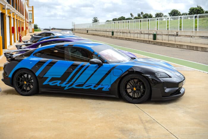 2025 Porsche Taycan Turbo GT with Weissach Package side view of cars lined up