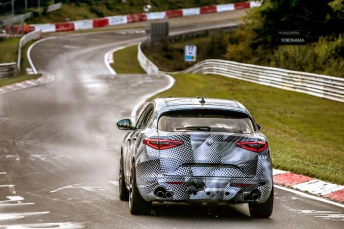 Alfa Romeo's 505-HP Stelvio Quadrifoglio rear view at the Nürburgring