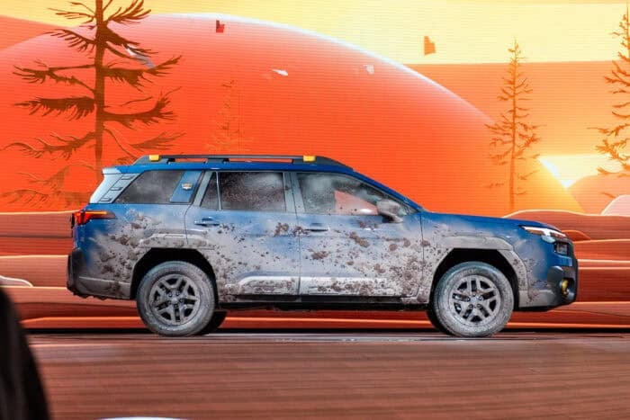 2026 Subaru Outback Wilderness with dirt side view at New York Auto Show debut