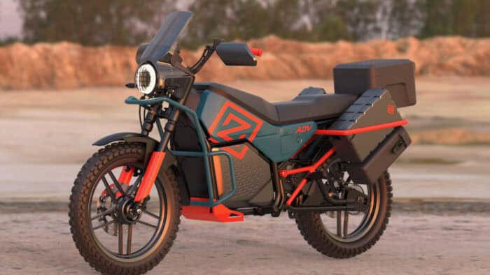 black and orange Zeno Emara ADV Electric Motorcycle front side view