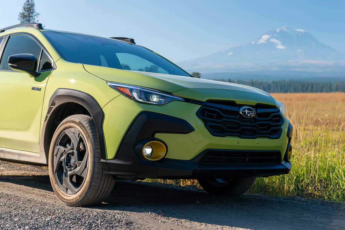 2026 Subaru Crosstrek Hybrid front with Mt Adams in back