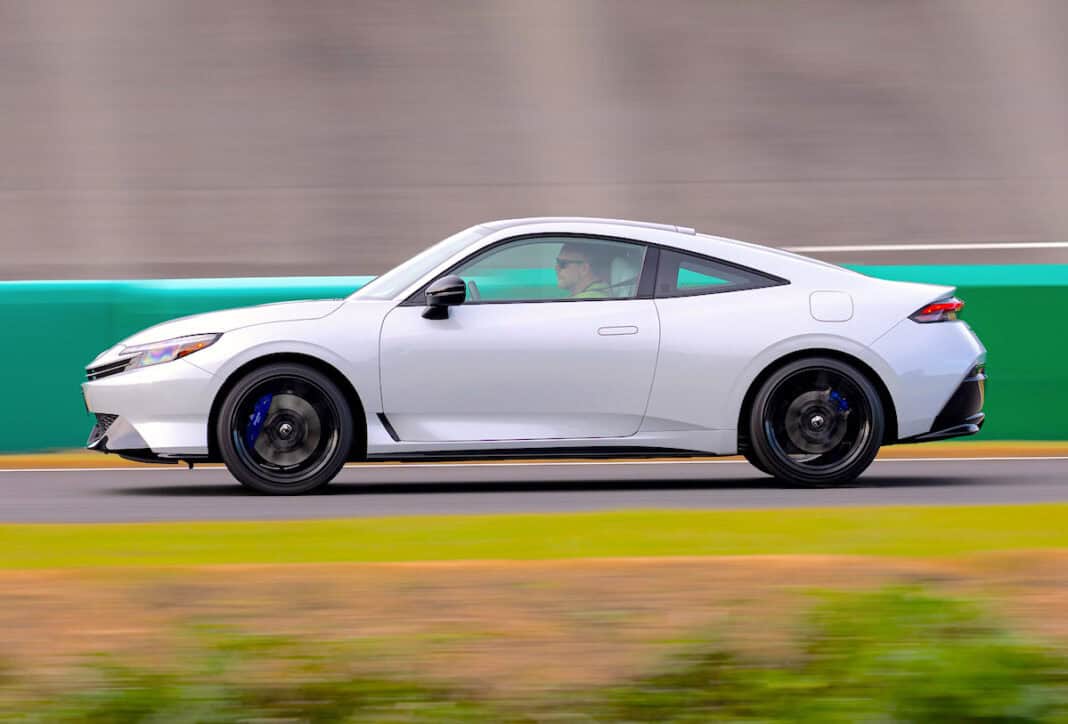 2026 Honda Prelude side view driving fast at Japanese track