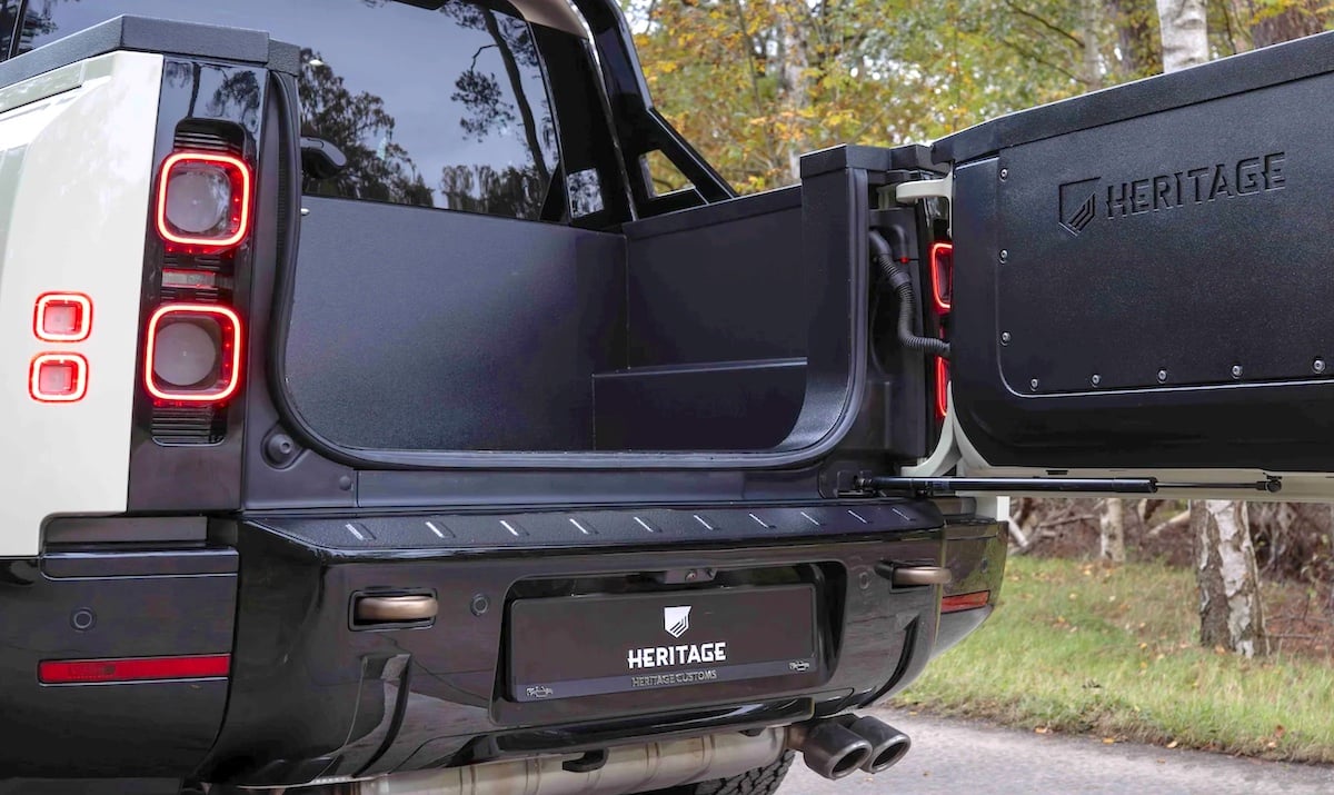 Heritage Customs Valiance Pickup Defender 130 trunk with open door