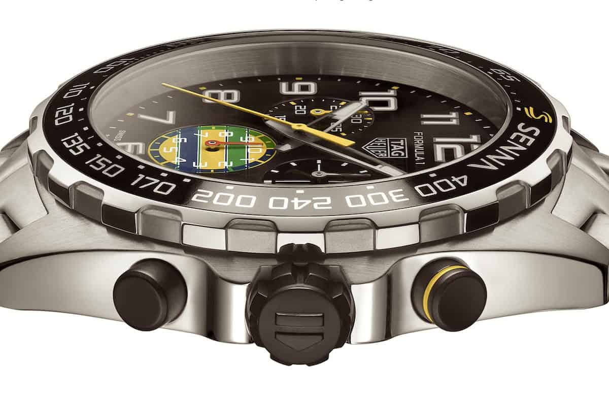 TAG Heuer Formula 1 Chronograph x Senna face close up side view