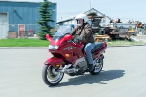 1993 Yamaha GTS1000 riding on the road front view