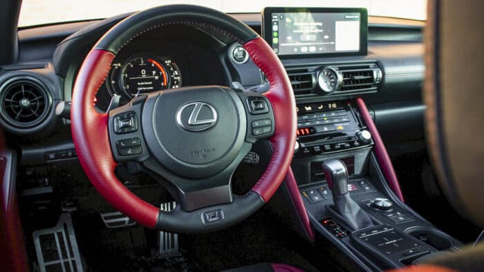 red and back combo 2025 Lexus IS 500 interior front cabin view