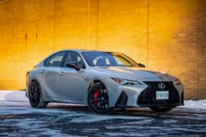 grey 2025 Lexus IS 500 front view parked in snowy parking lot