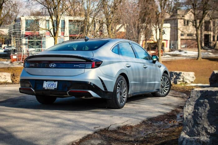 2026 Hyundai Sonata Hybrid rear view parked on street