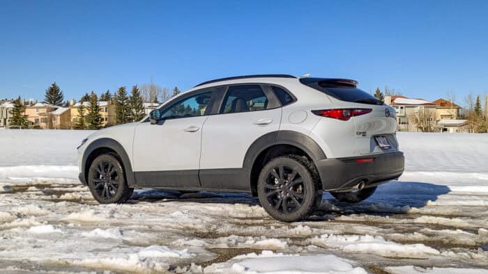 2026 Mazda CX-30 GT Kuro rear parked in snow