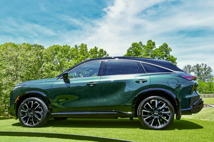 Teal 2027 Infiniti QX65 rear side view