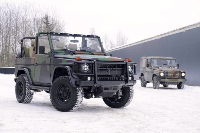 EMC's One-Off 1991 NATO Camo G-Wagen Wolf front view with the original SUV