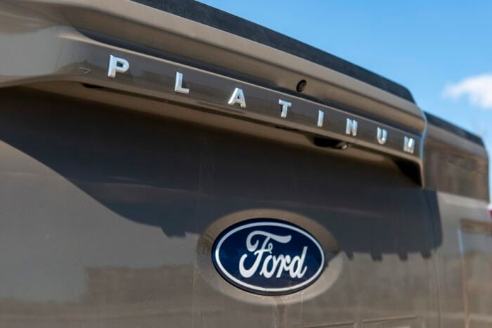 2025 Ford F-150 Platinum Plus PowerBoost Hybrid logo on tailgate