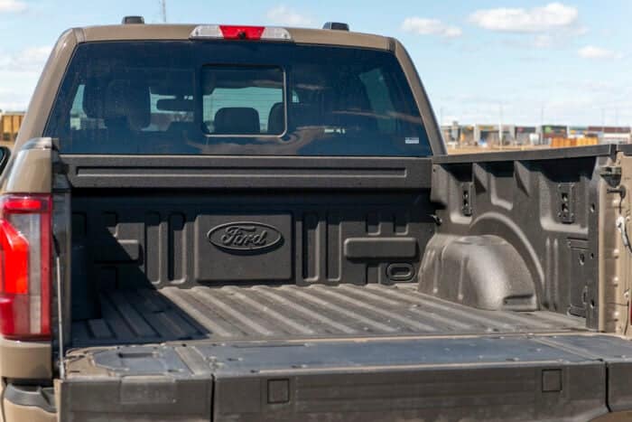2025 Ford F-150 Platinum Plus PowerBoost Hybrid bed with door open